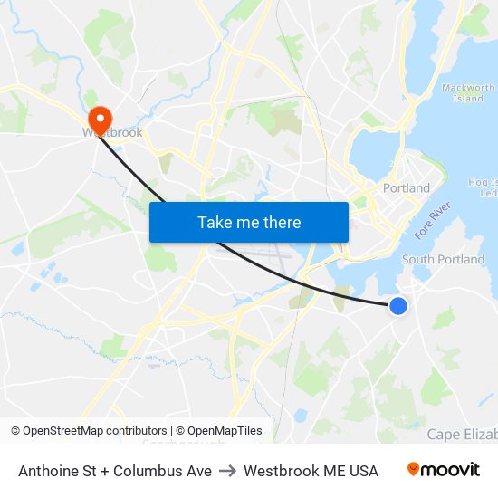 Anthoine St + Columbus Ave to Westbrook ME USA map