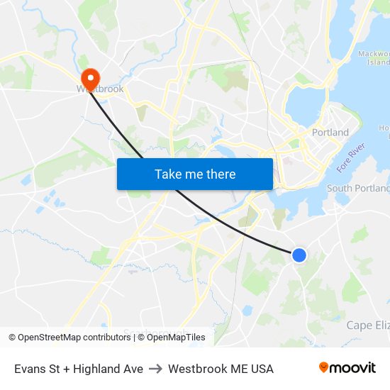Evans St + Highland Ave to Westbrook ME USA map