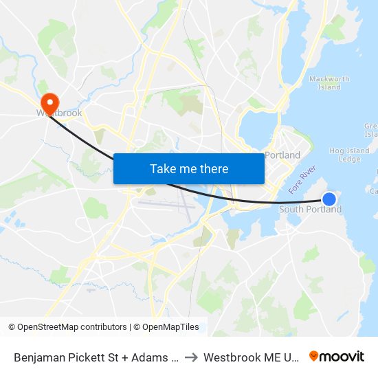 Benjaman Pickett St + Adams St to Westbrook ME USA map