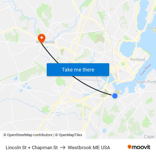 Lincoln St + Chapman St to Westbrook ME USA map