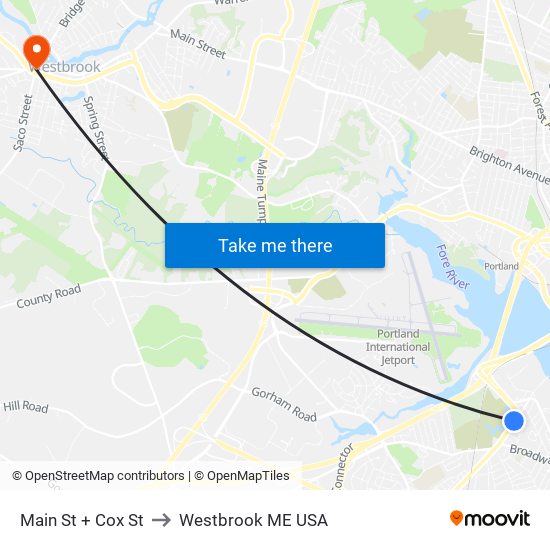 Main St + Cox St to Westbrook ME USA map