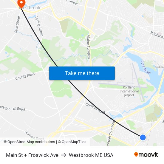 Main St + Froswick Ave to Westbrook ME USA map