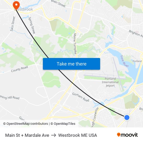 Main St + Mardale Ave to Westbrook ME USA map