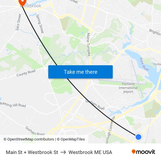 Main St + Westbrook St to Westbrook ME USA map