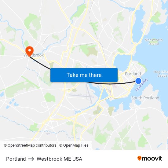 Portland to Westbrook ME USA map