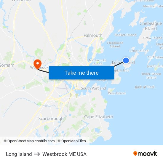 Long Island to Westbrook ME USA map