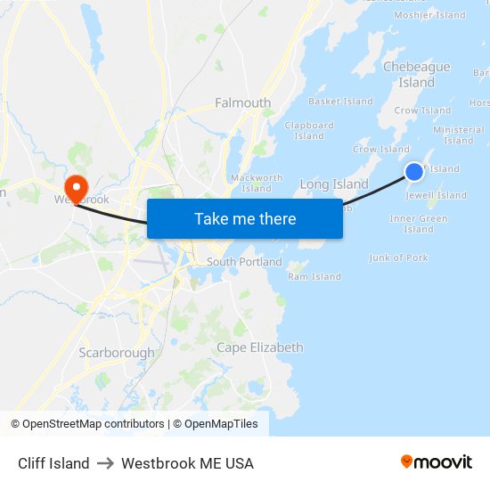 Cliff Island to Westbrook ME USA map