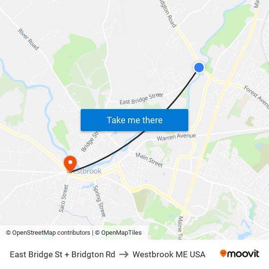 East Bridge St + Bridgton Rd to Westbrook ME USA map