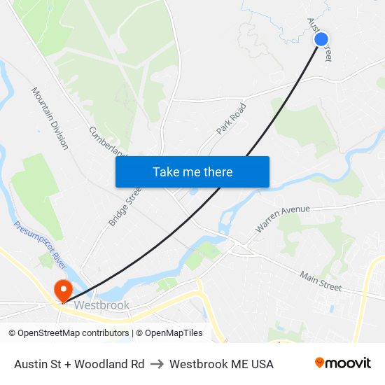 Austin St + Woodland Rd to Westbrook ME USA map