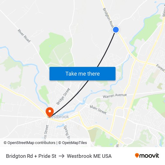 Bridgton Rd + Pride St to Westbrook ME USA map