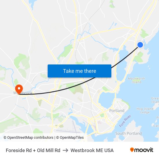 Foreside Rd + Old Mill Rd to Westbrook ME USA map