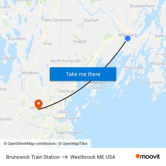 Brunswick Train Station to Westbrook ME USA map