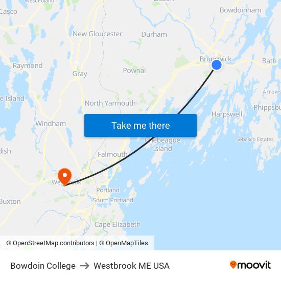 Bowdoin College to Westbrook ME USA map