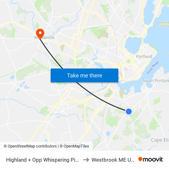 Highland + Opp Whispering Pines to Westbrook ME USA map