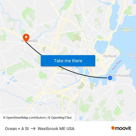 Ocean + A St to Westbrook ME USA map