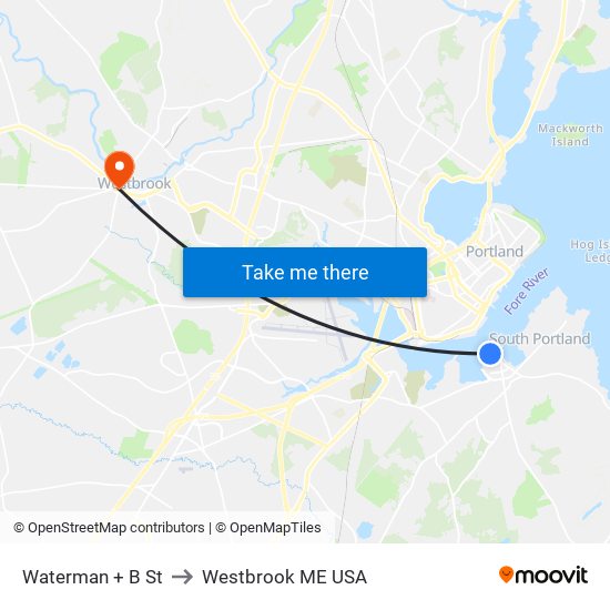 Waterman + B St to Westbrook ME USA map