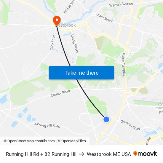 Running Hill Rd + 82 Running Hil to Westbrook ME USA map