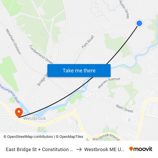 East Bridge St + Constitution St to Westbrook ME USA map