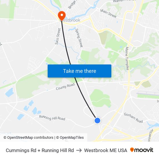 Cummings Rd + Running Hill Rd to Westbrook ME USA map