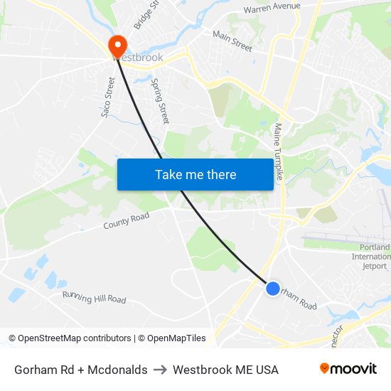 Gorham Rd + Mcdonalds to Westbrook ME USA map