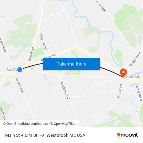 Main St + Elm St to Westbrook ME USA map