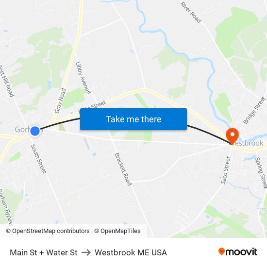 Main St + Water St to Westbrook ME USA map