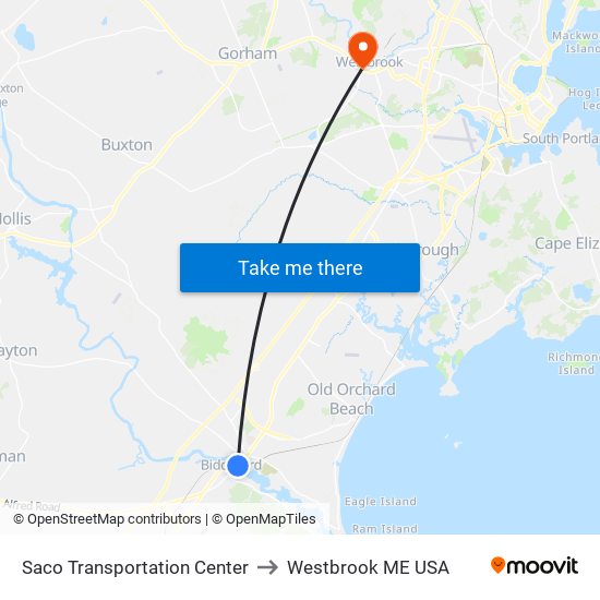 Saco Transportation Center to Westbrook ME USA map