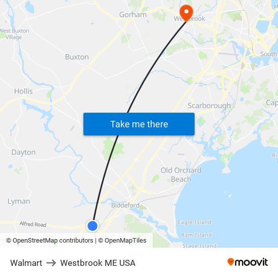 Walmart to Westbrook ME USA map