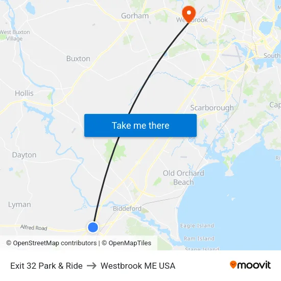 Exit 32 Park & Ride to Westbrook ME USA map