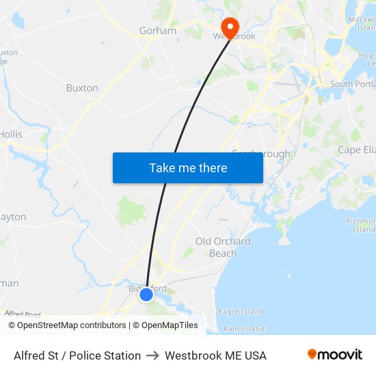 Alfred St / Police Station to Westbrook ME USA map