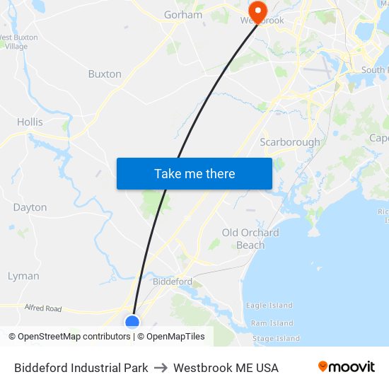 Biddeford Industrial Park to Westbrook ME USA map