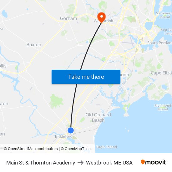 Main St & Thornton Academy to Westbrook ME USA map