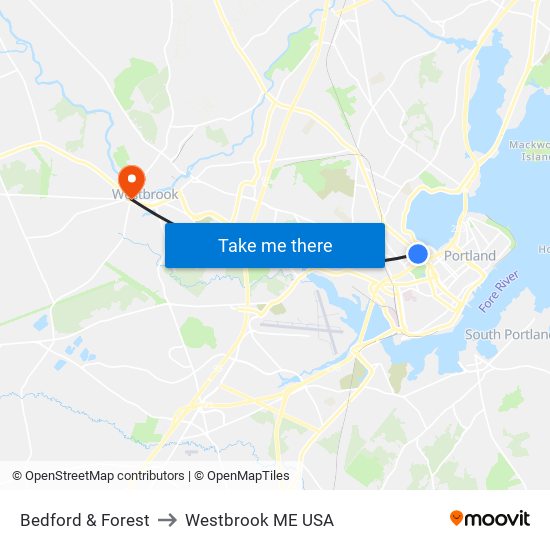 Bedford & Forest to Westbrook ME USA map