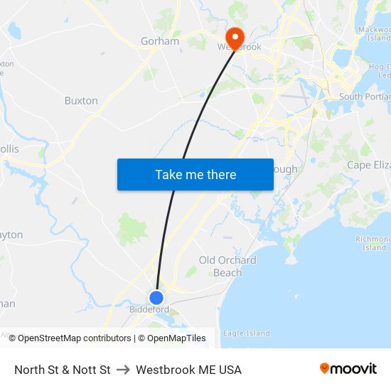 North St & Nott St to Westbrook ME USA map