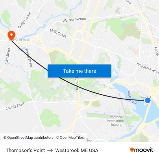 Thompson's Point to Westbrook ME USA map