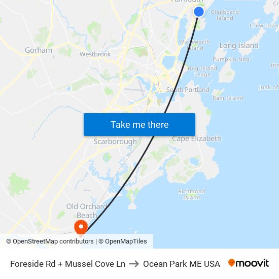 Foreside Rd + Mussel Cove Ln to Ocean Park ME USA map