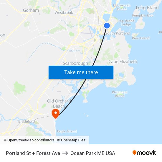 Portland St + Forest Ave to Ocean Park ME USA map