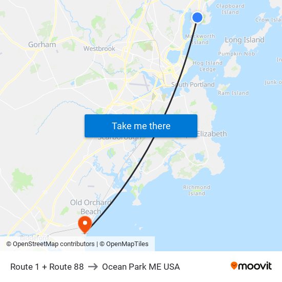 Route 1 + Route 88 to Ocean Park ME USA map