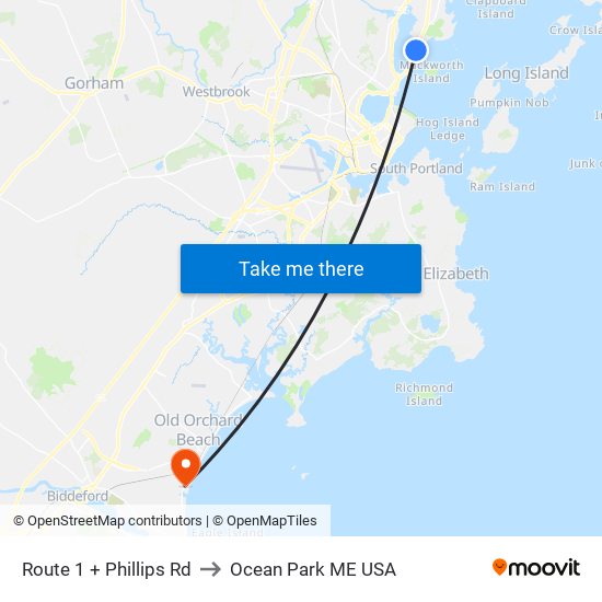 Route 1 + Phillips Rd to Ocean Park ME USA map