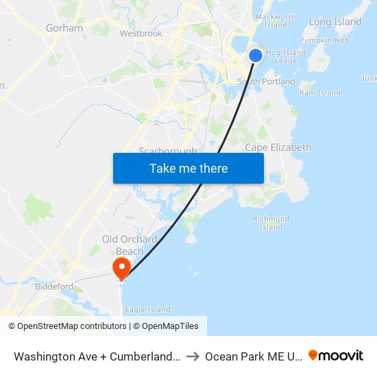 Washington Ave + Congress St to Ocean Park ME USA map