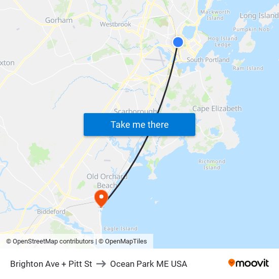 Brighton Ave + Pitt St to Ocean Park ME USA map