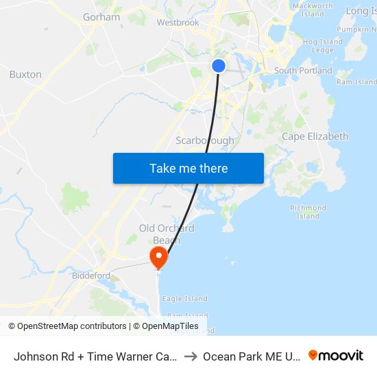 Johnson Rd + Time Warner Cable to Ocean Park ME USA map