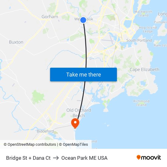 Bridge St + Dana Ct to Ocean Park ME USA map