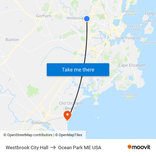 Westbrook City Hall to Ocean Park ME USA map