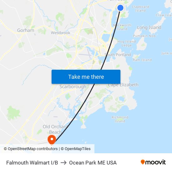 Falmouth Walmart I/B to Ocean Park ME USA map