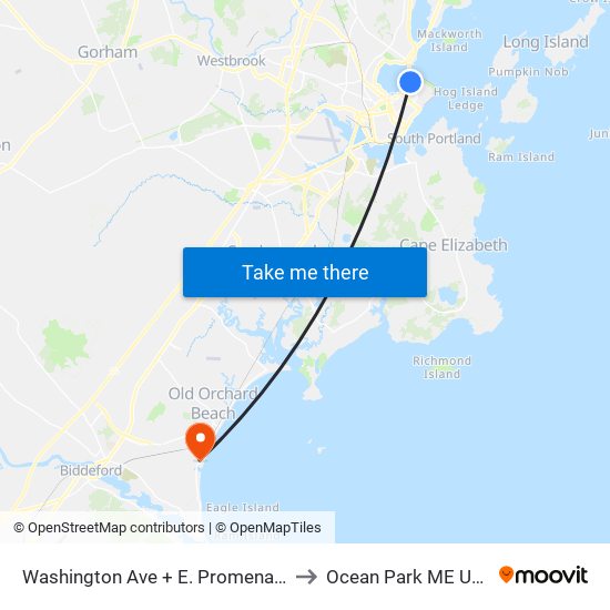 Washington Ave + E. Promenade to Ocean Park ME USA map