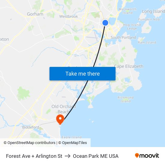 Forest Ave + Arlington St to Ocean Park ME USA map