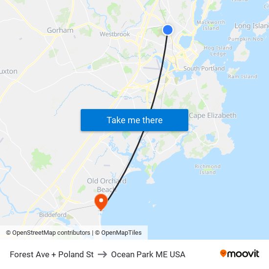 Forest Ave + Poland St to Ocean Park ME USA map