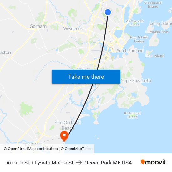 Auburn St + Lyseth Moore St to Ocean Park ME USA map