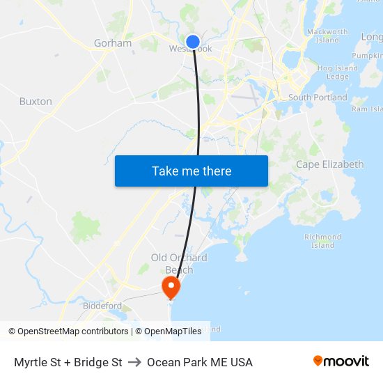 Myrtle St + Bridge St to Ocean Park ME USA map